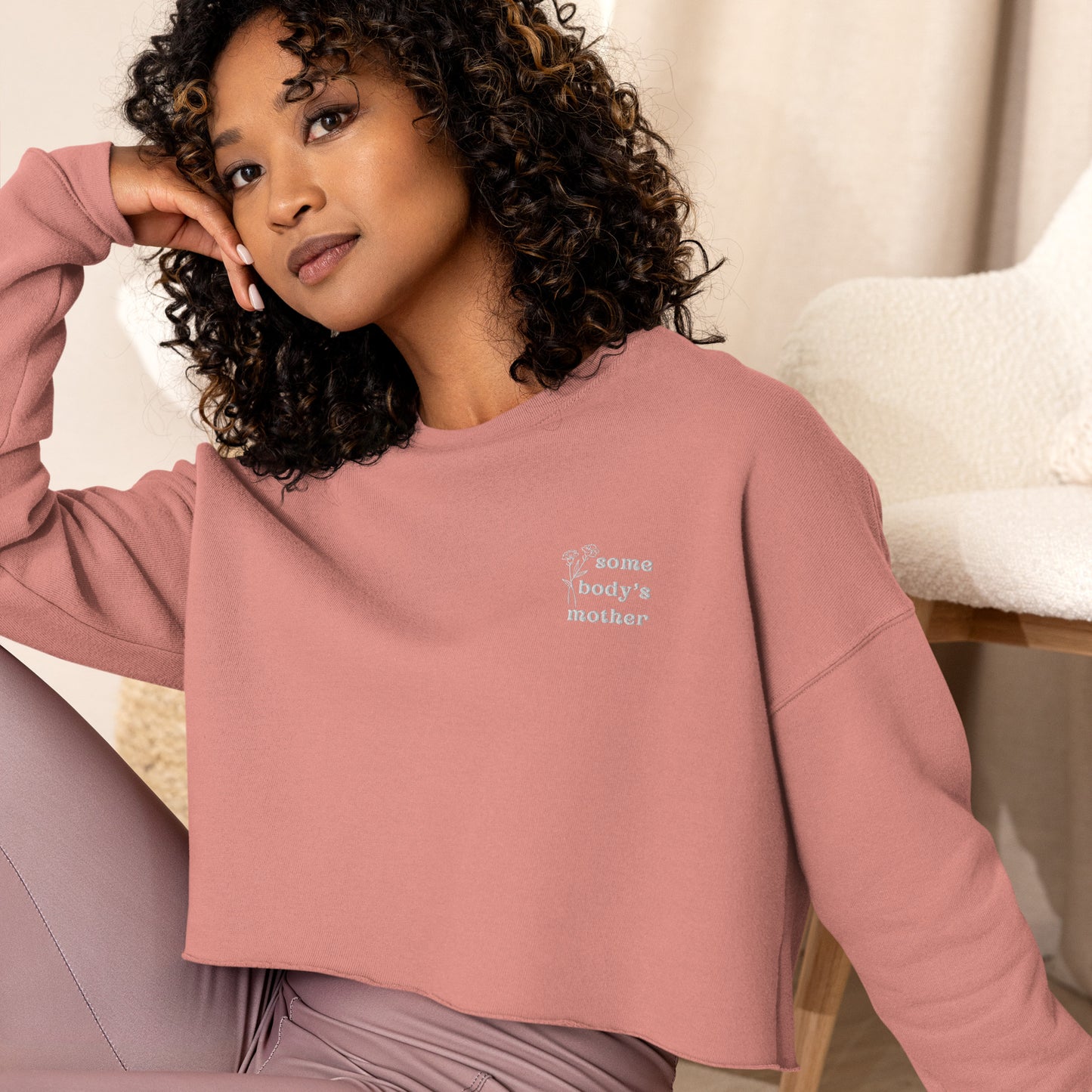 Somebody's Mother Floral Embroidered Crop Sweatshirt